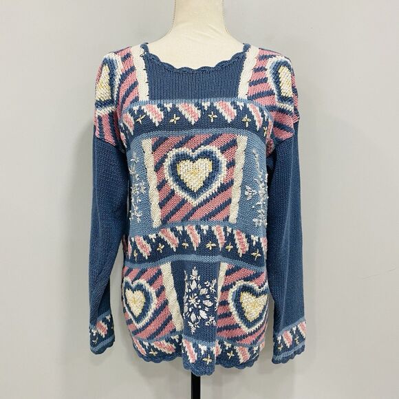 VINTAGE 90s Women M Blue Granny Core Heart Patchwork Heavy Knit Sweater Cottage - Picture 3 of 16
